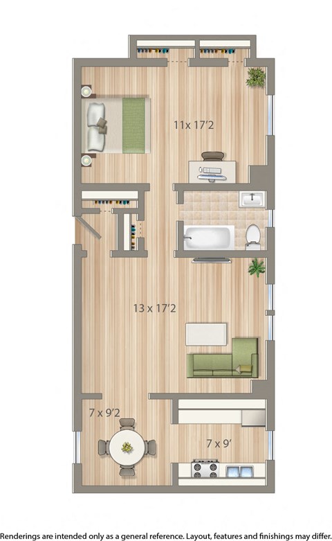 Floor plan for 1 bed, 1 bath, 652 sqft
